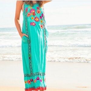 LULA SOUL Floral Embroidered Teal Boho Maxi Dress Size Medium